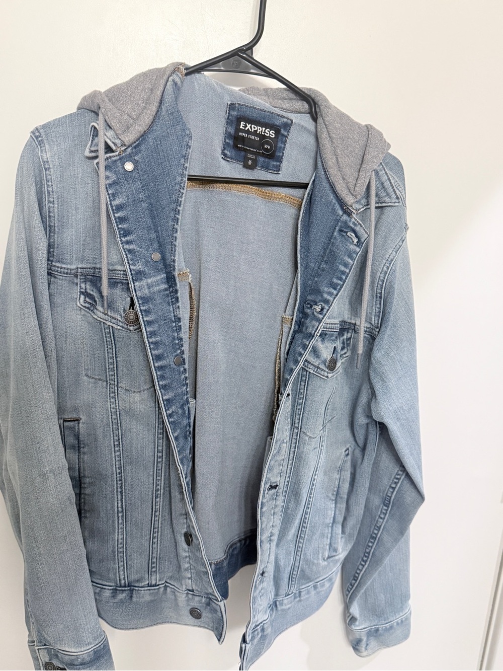 Express Light Blue Denim Jacket with Gray Hooded Liner